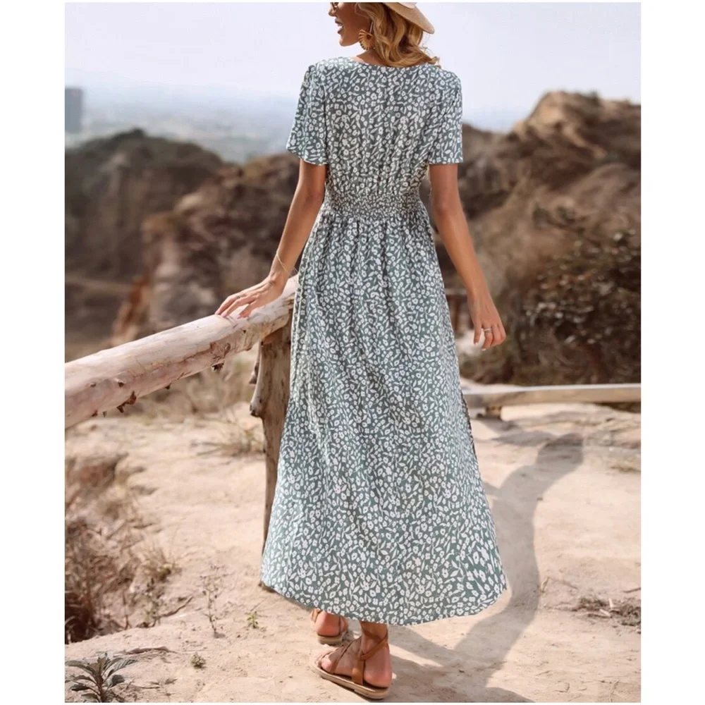 Bohemian Floral Print Butterfly Sleeve Slits Maxi Dress - Picture 2 of 5